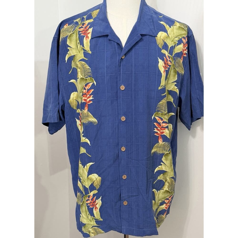 Tommy Bahama Shirt Blue Floral Hawaiian Tropical Resort Cruise 100% Silk XL